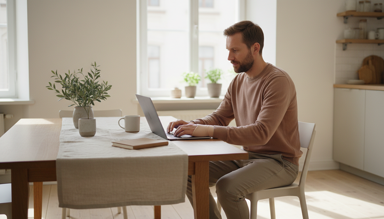 hombre teletrabajando comodamente gracias a los productos ergonómicos de Ergoplen