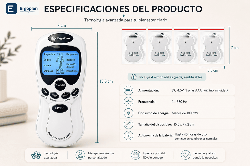 Especificaciones del microestimulador TENS ErgoPlen