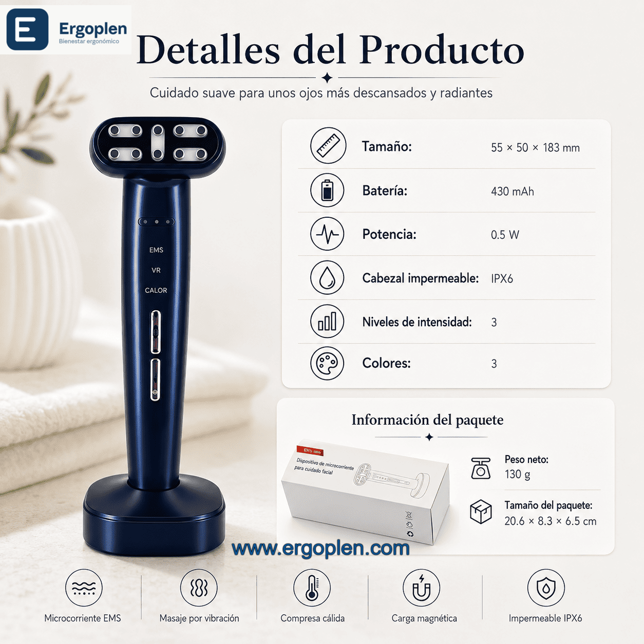 Detalles del masajeador de ojos EMS 360° ErgoPlen
